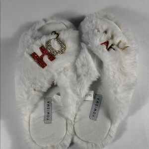 Yomisma White Furry Slippers with Red and Gold Details NEW